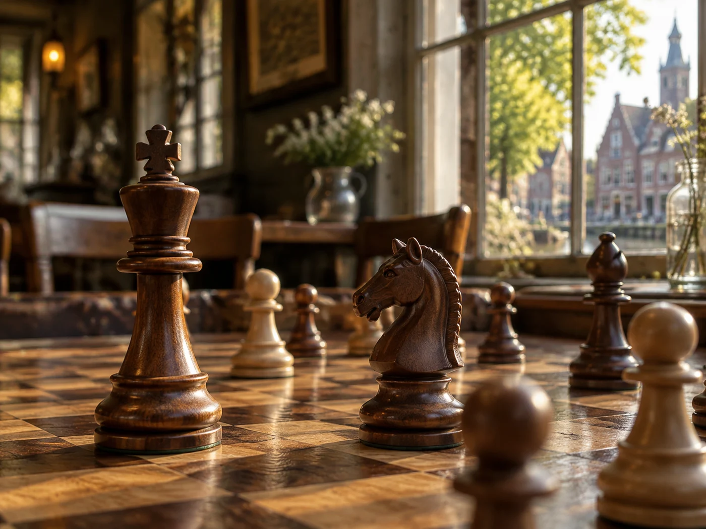 Houten schaakstukken in het warme avondlicht op een schaakbord